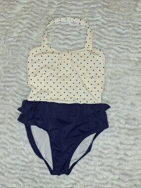 Janie and Jack Cream Polka Dot and Navy Ruffle One-Piece Swimsuit